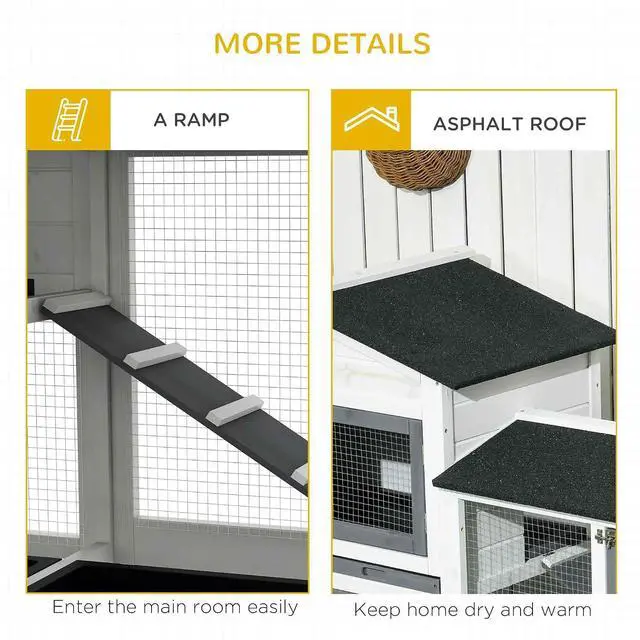 Alt view image 6 of 7 - PawHut 62" Rabbit Hutch with Run Area for Rabbits, Chickens, White | Wooden Bunny Hutch, Guinea Pig Cage, Small Animal Enclosure, Removable Tray, Asphalt Roof, Lockable Doors, Ramp for Ducks