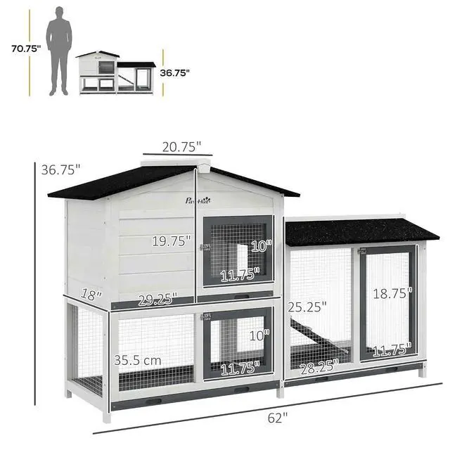 Alt view image 7 of 7 - PawHut 62" Rabbit Hutch with Run Area for Rabbits, Chickens, White | Wooden Bunny Hutch, Guinea Pig Cage, Small Animal Enclosure, Removable Tray, Asphalt Roof, Lockable Doors, Ramp for Ducks