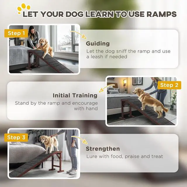 Alt view image 7 of 7 - PawHut Dog Ramp for Bed, Pet Ramp for Dogs with Non-Slip Carpet and Top Platform, 74" x 16" x 25", Brown | Pet Ramp for Bed, Top Platform