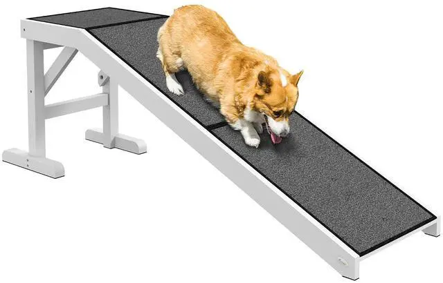Main image of PawHut Dog Ramp for Bed, Pet Ramp for Dogs with Non-Slip Carpet and Top Platform, 60" x 16" x 20", White | Pet Ramp for Bed, Top Platform