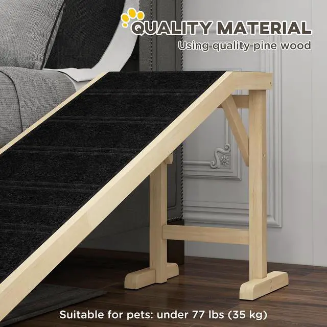 Alt view image 4 of 7 - PawHut Dog Ramp for Bed, Pet Ramp for Dogs with Non-Slip Carpet and Top Platform, 74" x 16" x 25", Natural | Pet Ramp for Bed, Top Platform