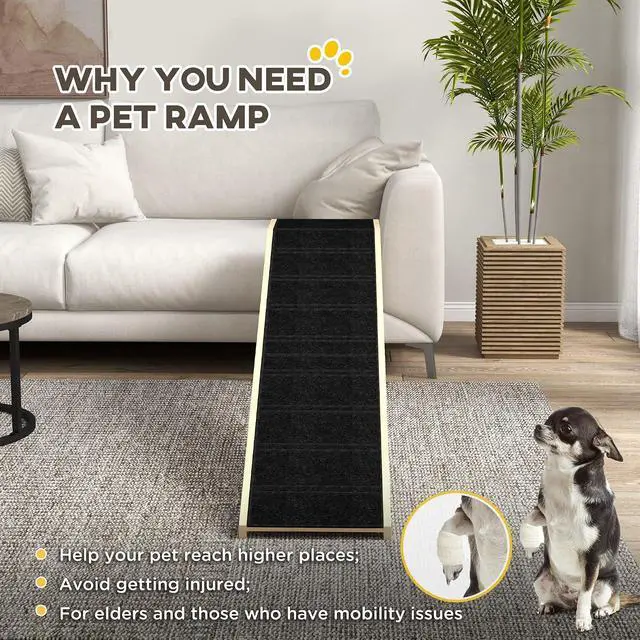 Alt view image 5 of 7 - PawHut Dog Ramp for Bed, Pet Ramp for Dogs with Non-Slip Carpet and Top Platform, 74" x 16" x 25", Natural | Pet Ramp for Bed, Top Platform