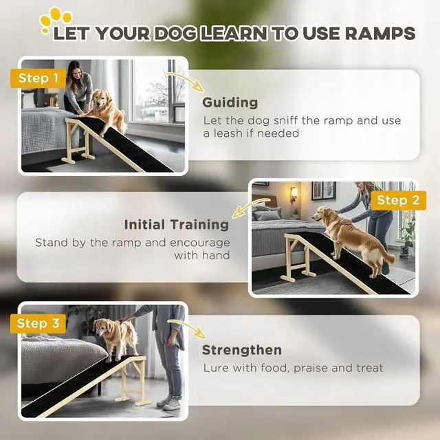 Alt view image 7 of 7 - PawHut Dog Ramp for Bed, Pet Ramp for Dogs with Non-Slip Carpet and Top Platform, 74" x 16" x 25", Natural | Pet Ramp for Bed, Top Platform