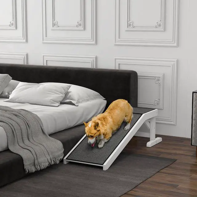 Alt view image 2 of 7 - PawHut Dog Ramp for Bed, Pet Ramp for Dogs with Non-Slip Carpet and Top Platform, 49" x 16" x 14", White | Pet Ramp for Bed, Top Platform