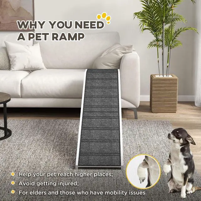 Alt view image 5 of 7 - PawHut Dog Ramp for Bed, Pet Ramp for Dogs with Non-Slip Carpet and Top Platform, 74" x 16" x 25", White | Pet Ramp for Bed, Top Platform