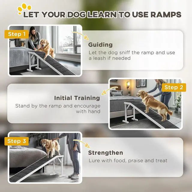 Alt view image 7 of 7 - PawHut Dog Ramp for Bed, Pet Ramp for Dogs with Non-Slip Carpet and Top Platform, 74" x 16" x 25", White | Pet Ramp for Bed, Top Platform