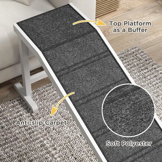 Alt view image 6 of 7 - PawHut Dog Ramp for Bed, Pet Ramp for Dogs with Non-Slip Carpet and Top Platform, 74" x 16" x 25", White | Pet Ramp for Bed, Top Platform