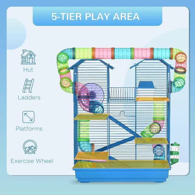 Alt view image 3 of 7 - PawHut 18.5" 5 Tier Hamster Cage with Tubes and Tunnels, Small Animal Cage, Rat Gerbil Cage with Water Bottle, Food Dish, Exercise Wheel, Blue