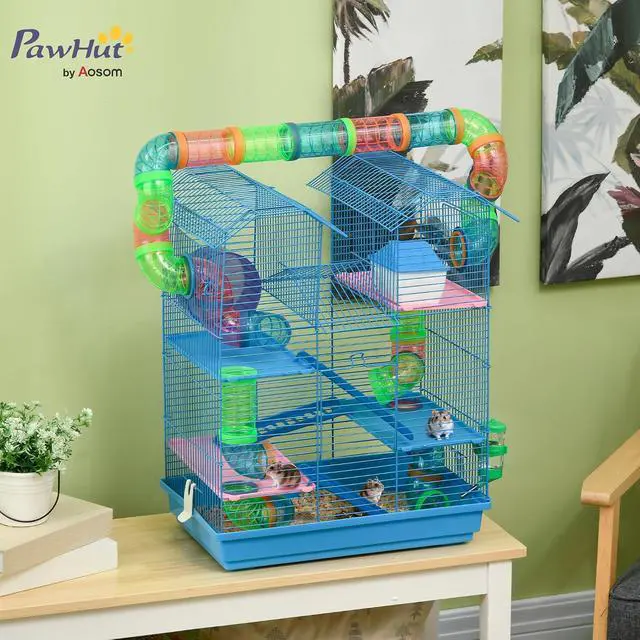 Alt view image 2 of 7 - PawHut 18.5" 5 Tier Hamster Cage with Tubes and Tunnels, Small Animal Cage, Rat Gerbil Cage with Water Bottle, Food Dish, Exercise Wheel, Blue