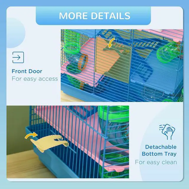 Alt view image 5 of 7 - PawHut 18.5" 5 Tier Hamster Cage with Tubes and Tunnels, Small Animal Cage, Rat Gerbil Cage with Water Bottle, Food Dish, Exercise Wheel, Blue