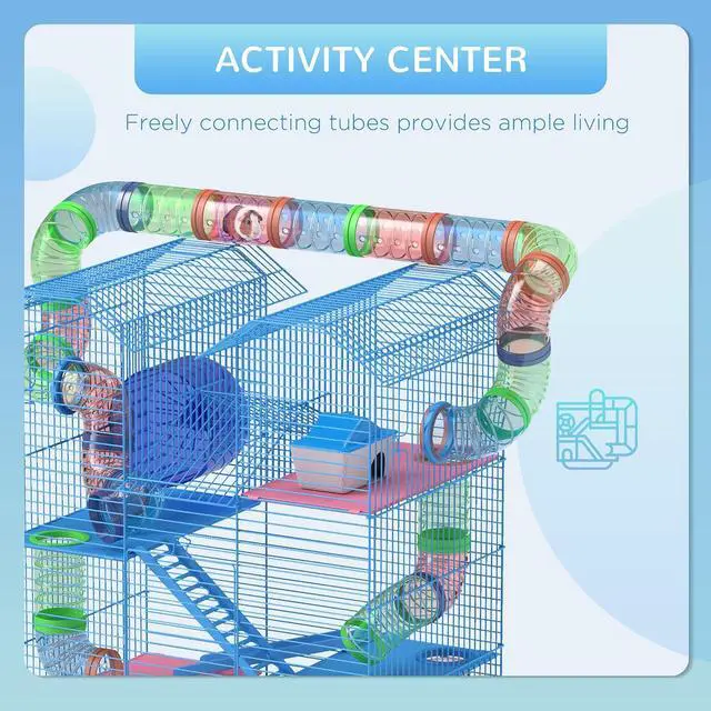 Alt view image 6 of 7 - PawHut 18.5" 5 Tier Hamster Cage with Tubes and Tunnels, Small Animal Cage, Rat Gerbil Cage with Water Bottle, Food Dish, Exercise Wheel, Blue