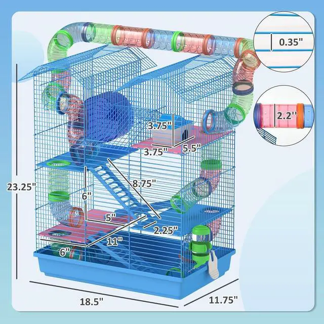 Alt view image 7 of 7 - PawHut 18.5" 5 Tier Hamster Cage with Tubes and Tunnels, Small Animal Cage, Rat Gerbil Cage with Water Bottle, Food Dish, Exercise Wheel, Blue