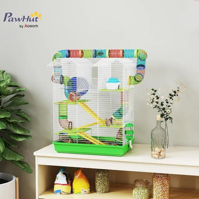 Alt view image 2 of 7 - PawHut 18.5" 5 Tier Hamster Cage with Tubes and Tunnels, Green | Small Animal Cage, Rat Gerbil Habitat, Water Bottle, Food Dish, Exercise Wheel