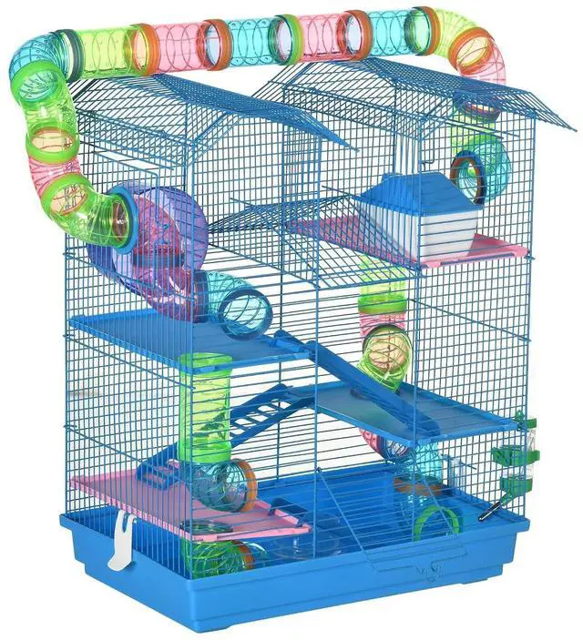 Main image of PawHut 18.5" 5 Tier Hamster Cage with Tubes and Tunnels, Small Animal Cage, Rat Gerbil Cage with Water Bottle, Food Dish, Exercise Wheel, Blue