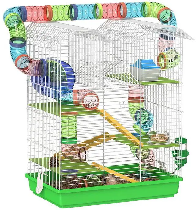 Main image of PawHut 18.5" 5 Tier Hamster Cage with Tubes and Tunnels, Green | Small Animal Cage, Rat Gerbil Habitat, Water Bottle, Food Dish, Exercise Wheel