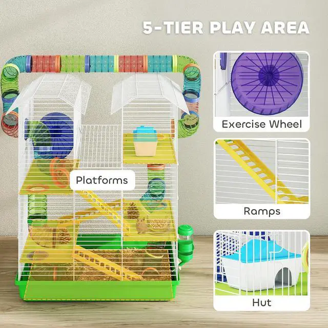 Alt view image 3 of 7 - PawHut 18.5" 5 Tier Hamster Cage with Tubes and Tunnels, Green | Small Animal Cage, Rat Gerbil Habitat, Water Bottle, Food Dish, Exercise Wheel