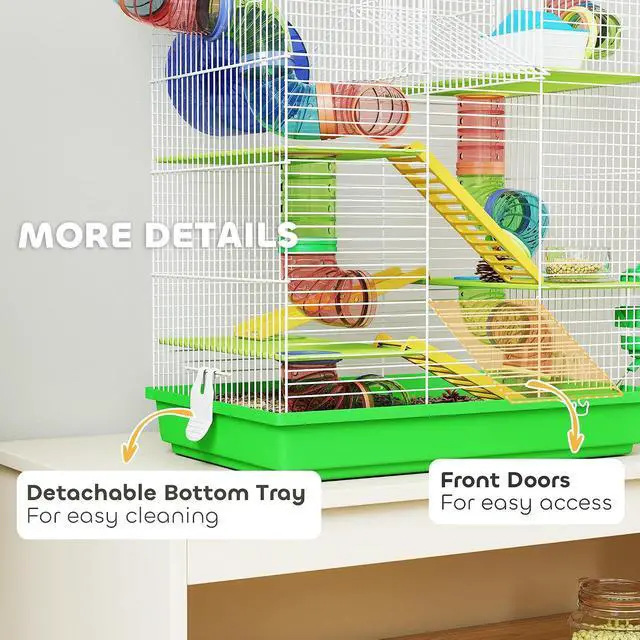 Alt view image 5 of 7 - PawHut 18.5" 5 Tier Hamster Cage with Tubes and Tunnels, Green | Small Animal Cage, Rat Gerbil Habitat, Water Bottle, Food Dish, Exercise Wheel