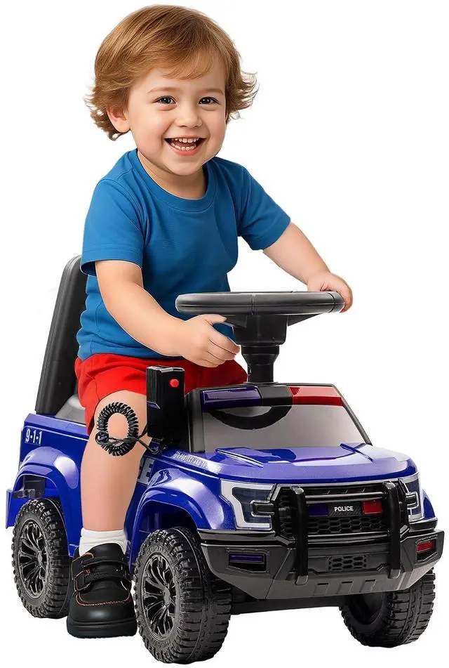 Main image of Kids Push Ride On Car with Working PA System and Horn 18M-5Y Blue | Police Truck Style, Foot-to-Floor Sliding Car, Boys Girls, Under-Seat Storage