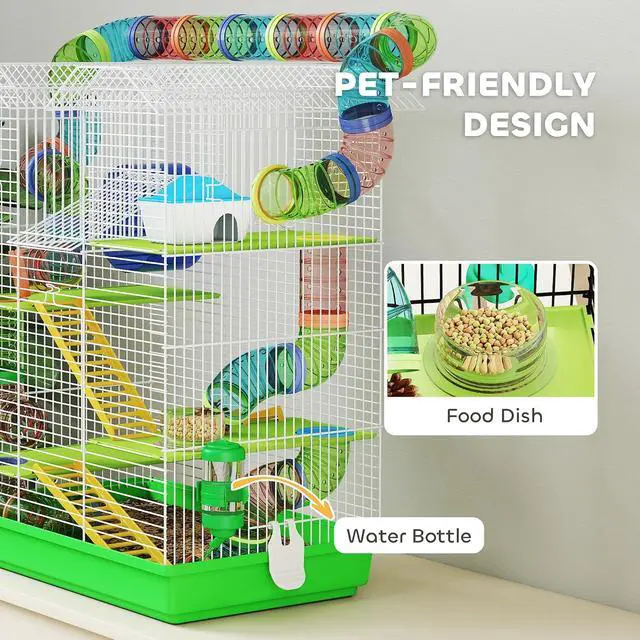 Alt view image 4 of 7 - PawHut 18.5" 5 Tier Hamster Cage with Tubes and Tunnels, Green | Small Animal Cage, Rat Gerbil Habitat, Water Bottle, Food Dish, Exercise Wheel
