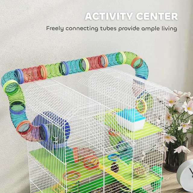 Alt view image 6 of 7 - PawHut 18.5" 5 Tier Hamster Cage with Tubes and Tunnels, Green | Small Animal Cage, Rat Gerbil Habitat, Water Bottle, Food Dish, Exercise Wheel