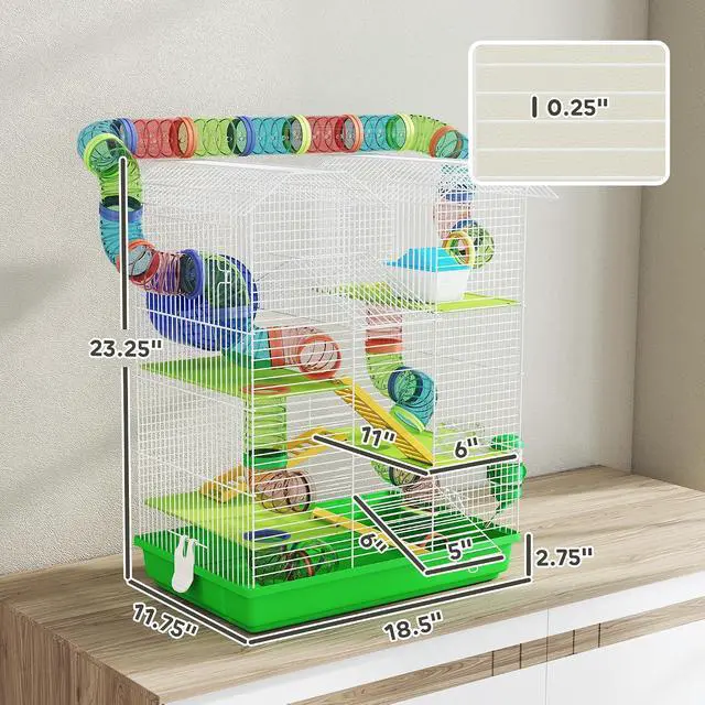 Alt view image 7 of 7 - PawHut 18.5" 5 Tier Hamster Cage with Tubes and Tunnels, Green | Small Animal Cage, Rat Gerbil Habitat, Water Bottle, Food Dish, Exercise Wheel