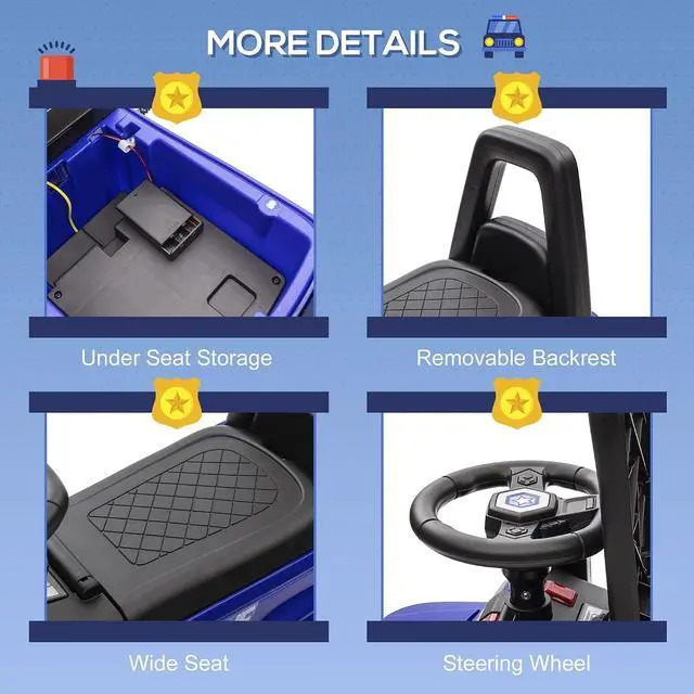 Alt view image 6 of 7 - Kids Push Ride On Car with Working PA System and Horn 18M-5Y Blue | Police Truck Style, Foot-to-Floor Sliding Car, Boys Girls, Under-Seat Storage