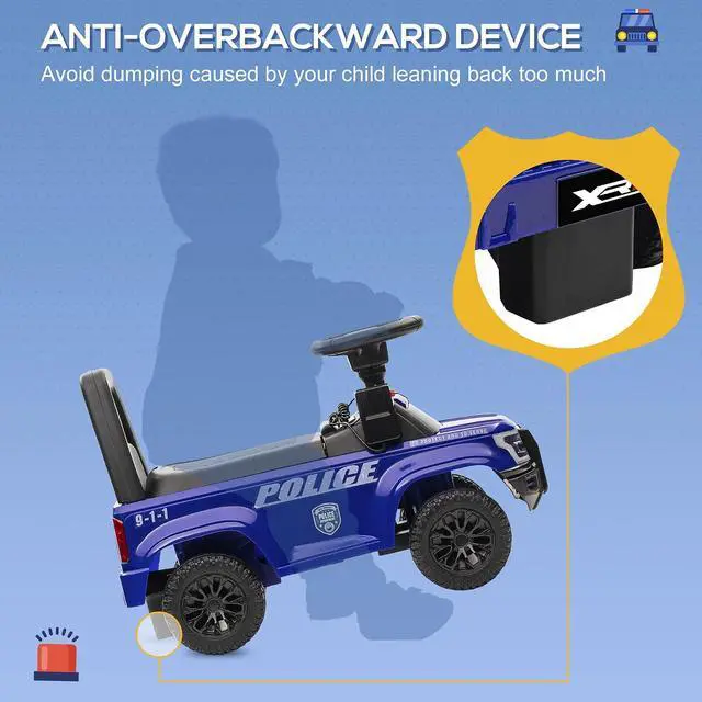Alt view image 5 of 7 - Kids Push Ride On Car with Working PA System and Horn 18M-5Y Blue | Police Truck Style, Foot-to-Floor Sliding Car, Boys Girls, Under-Seat Storage