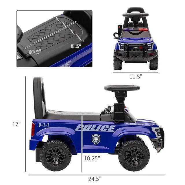 Alt view image 7 of 7 - Kids Push Ride On Car with Working PA System and Horn 18M-5Y Blue | Police Truck Style, Foot-to-Floor Sliding Car, Boys Girls, Under-Seat Storage
