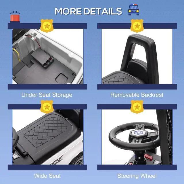 Alt view image 6 of 7 - Kids Push Ride On Car with Working PA System and Horn 18M-5Y White | Police Truck Style, Foot-to-Floor Sliding Car, Boys Girls, Under-Seat Storage