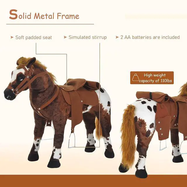 Alt view image 5 of 7 - Qaba Sound-Making Ride On Horse for Toddlers 3-5 with Padding Brown | Neighing and Galloping Sound, Stuffed Animal Horse Toy for Kids, Soft Feel