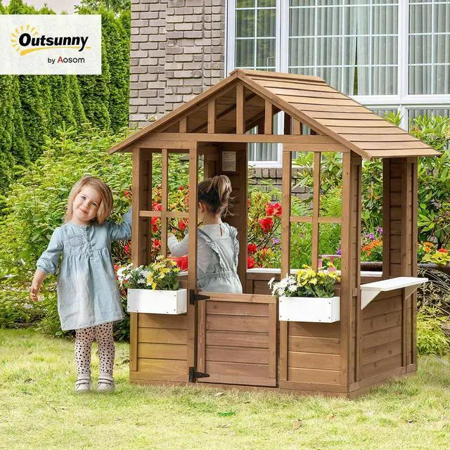 Alt view image 2 of 7 - Outdoor Playhouse Wooden Kids Playhouse with Working Door Brown | Windows, Kids Cottage, Flowers Pot Holder, Backyard Garden, Indoor Playroom, Imaginative Play, Gift for Ages 3-8