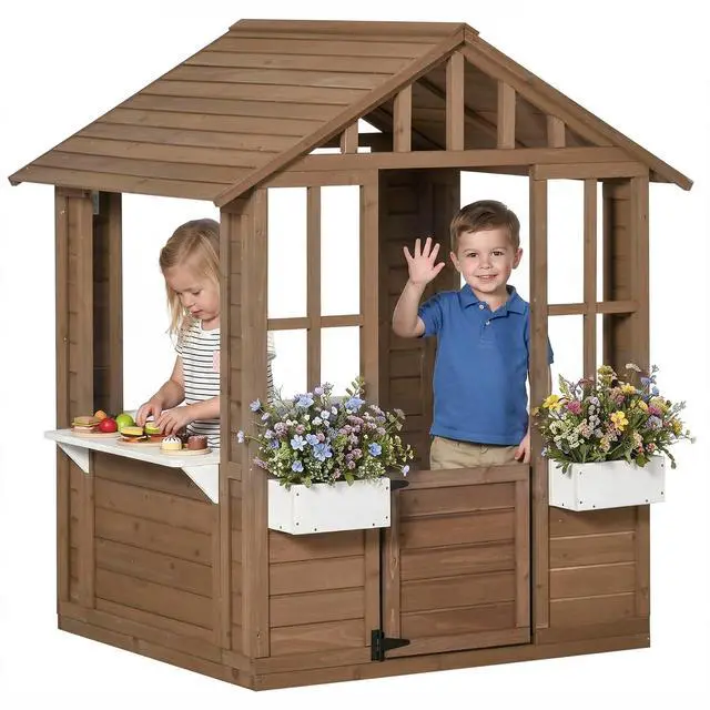 Main image of Outdoor Playhouse Wooden Kids Playhouse with Working Door Brown | Windows, Kids Cottage, Flowers Pot Holder, Backyard Garden, Indoor Playroom, Imaginative Play, Gift for Ages 3-8