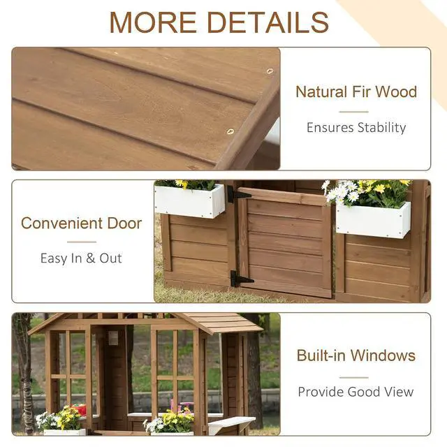 Alt view image 5 of 7 - Outdoor Playhouse Wooden Kids Playhouse with Working Door Brown | Windows, Kids Cottage, Flowers Pot Holder, Backyard Garden, Indoor Playroom, Imaginative Play, Gift for Ages 3-8