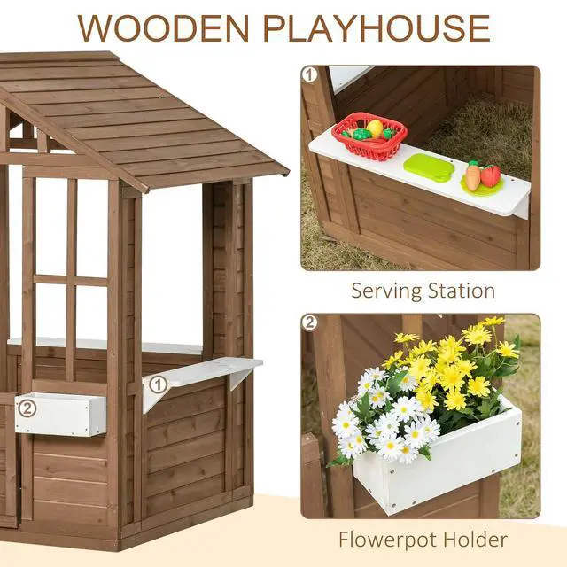 Alt view image 4 of 7 - Outdoor Playhouse Wooden Kids Playhouse with Working Door Brown | Windows, Kids Cottage, Flowers Pot Holder, Backyard Garden, Indoor Playroom, Imaginative Play, Gift for Ages 3-8