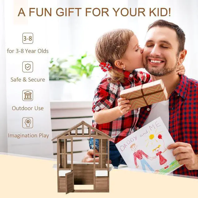 Alt view image 3 of 7 - Outdoor Playhouse Wooden Kids Playhouse with Working Door Brown | Windows, Kids Cottage, Flowers Pot Holder, Backyard Garden, Indoor Playroom, Imaginative Play, Gift for Ages 3-8