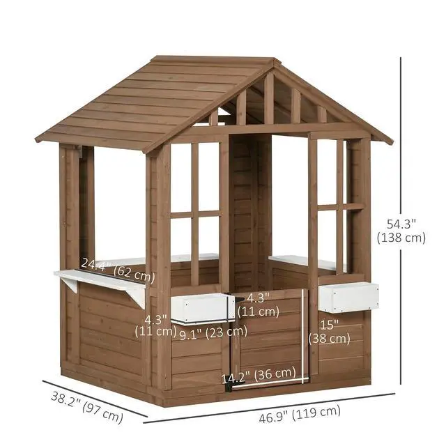 Alt view image 7 of 7 - Outdoor Playhouse Wooden Kids Playhouse with Working Door Brown | Windows, Kids Cottage, Flowers Pot Holder, Backyard Garden, Indoor Playroom, Imaginative Play, Gift for Ages 3-8