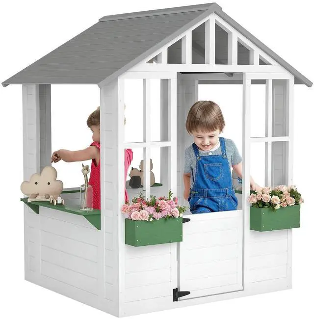 Main image of Outdoor Playhouse Wooden Kids Playhouse with Working Door White | Windows, Kids Cottage, Flowers Pot Holder, Backyard Garden Indoor Playroom, Imaginative Play, Gift for Ages 3-8