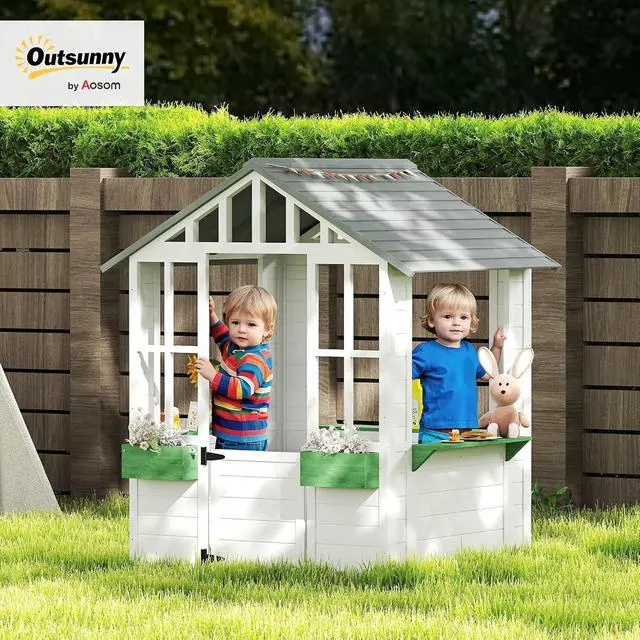 Alt view image 2 of 7 - Outdoor Playhouse Wooden Kids Playhouse with Working Door White | Windows, Kids Cottage, Flowers Pot Holder, Backyard Garden Indoor Playroom, Imaginative Play, Gift for Ages 3-8