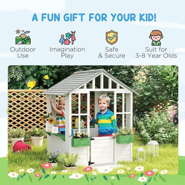 Alt view image 3 of 7 - Outdoor Playhouse Wooden Kids Playhouse with Working Door White | Windows, Kids Cottage, Flowers Pot Holder, Backyard Garden Indoor Playroom, Imaginative Play, Gift for Ages 3-8