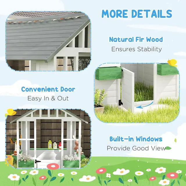 Alt view image 4 of 7 - Outdoor Playhouse Wooden Kids Playhouse with Working Door White | Windows, Kids Cottage, Flowers Pot Holder, Backyard Garden Indoor Playroom, Imaginative Play, Gift for Ages 3-8