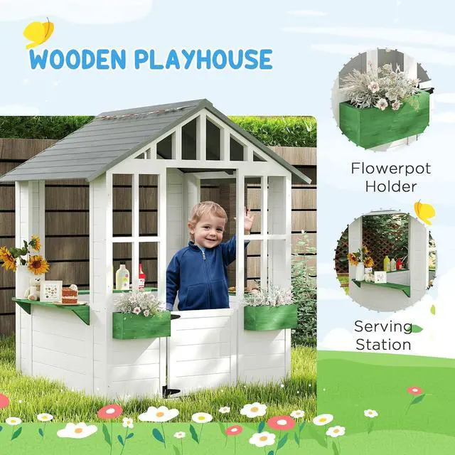 Alt view image 5 of 7 - Outdoor Playhouse Wooden Kids Playhouse with Working Door White | Windows, Kids Cottage, Flowers Pot Holder, Backyard Garden Indoor Playroom, Imaginative Play, Gift for Ages 3-8