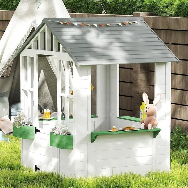 Alt view image 6 of 7 - Outdoor Playhouse Wooden Kids Playhouse with Working Door White | Windows, Kids Cottage, Flowers Pot Holder, Backyard Garden Indoor Playroom, Imaginative Play, Gift for Ages 3-8