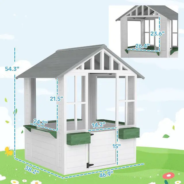 Alt view image 7 of 7 - Outdoor Playhouse Wooden Kids Playhouse with Working Door White | Windows, Kids Cottage, Flowers Pot Holder, Backyard Garden Indoor Playroom, Imaginative Play, Gift for Ages 3-8