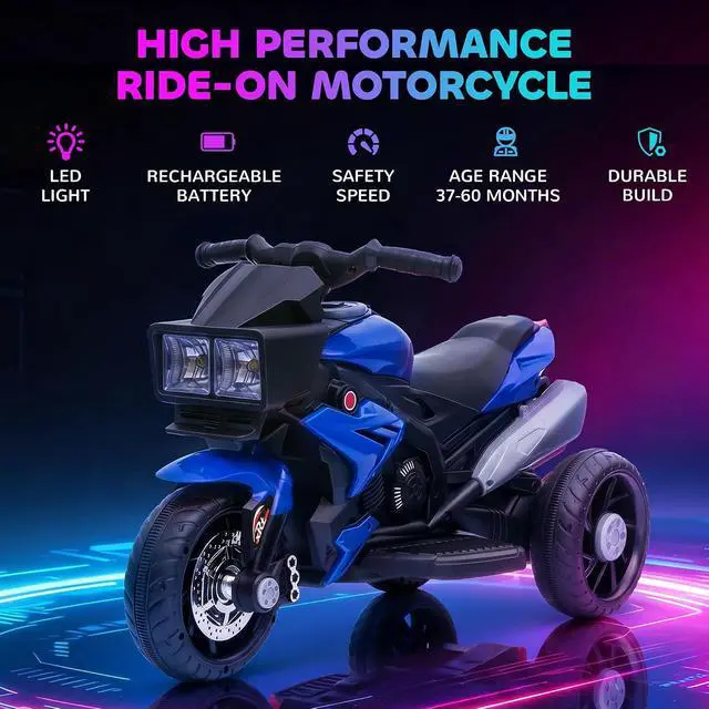 Alt view image 3 of 7 - 6V Kids Motorcycle Toddler Ride-on Toy 3-Wheel Music Horn Blue | Battery-Operated Mini Electric Motorbike, Forward/Reverse Switch, Headlights