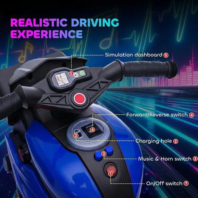 Alt view image 4 of 7 - 6V Kids Motorcycle Toddler Ride-on Toy 3-Wheel Music Horn Blue | Battery-Operated Mini Electric Motorbike, Forward/Reverse Switch, Headlights