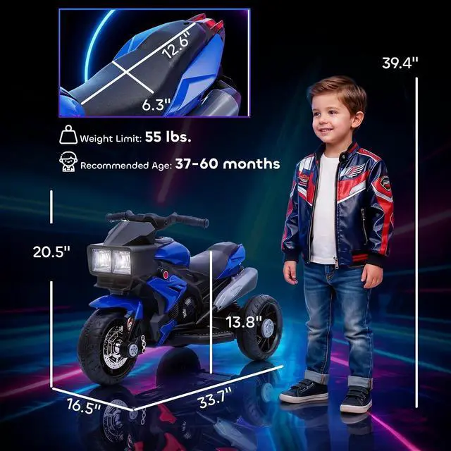 Alt view image 7 of 7 - 6V Kids Motorcycle Toddler Ride-on Toy 3-Wheel Music Horn Blue | Battery-Operated Mini Electric Motorbike, Forward/Reverse Switch, Headlights