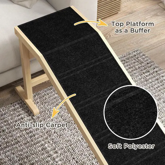 Alt view image 6 of 7 - PawHut Dog Ramp for Bed, Pet Ramp for Dogs with Non-Slip Carpet and Top Platform, 74" x 16" x 25", Natural | Pet Ramp for Bed, Top Platform