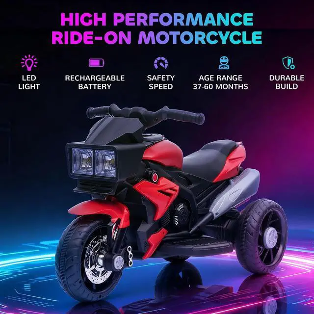 Alt view image 3 of 7 - 6V Kids Motorcycle Toddler Ride-on Toy 3-Wheel Music Horn Red | Battery-Operated Mini Electric Motorbike, Forward/Reverse Switch, Headlights