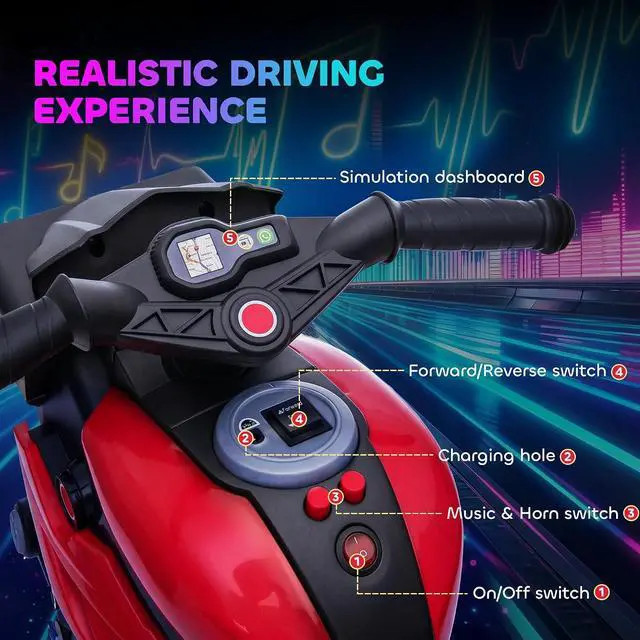 Alt view image 4 of 7 - 6V Kids Motorcycle Toddler Ride-on Toy 3-Wheel Music Horn Red | Battery-Operated Mini Electric Motorbike, Forward/Reverse Switch, Headlights