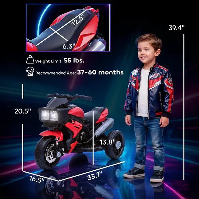 Alt view image 7 of 7 - 6V Kids Motorcycle Toddler Ride-on Toy 3-Wheel Music Horn Red | Battery-Operated Mini Electric Motorbike, Forward/Reverse Switch, Headlights